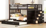 Full Over Full Bunk Bed with Twin Size Trundle and Staircase, Espresso - Home Elegance USA