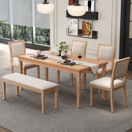 TREXM Vintage Extendable Dining Table Set for 6 with 4 Chairs & Bench, 59 to 72-Inch Rustic Farmhouse Kitchen Table Set with Distressed Finish and Retro Carved Legs (Natural Wood Wash) - sold by Home Elegance USA