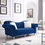 3 Piece Living Room Sofa Set, including 3 - Seater Sofa, Loveseat and Sofa Chair, with Button and Copper Nail on Arms and Back, Five White Villose Pillow, Blue. | Home Elegance USA