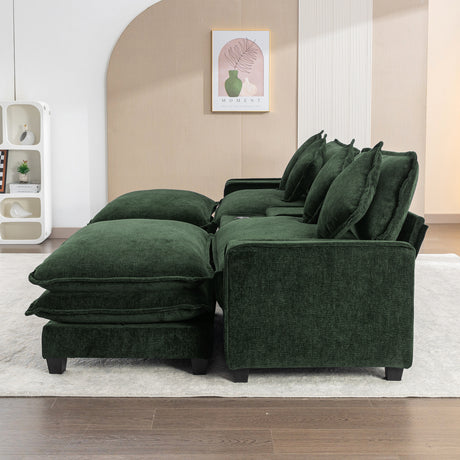Chenille Upholstered 111' Sectional Sofa with Two Removable Ottomans, USB Ports, Cup Holders, and Storage, Green - sold by Home Elegance USA