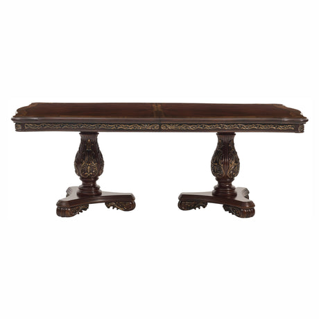 Decorative wooden table with intricate carvings on a white background