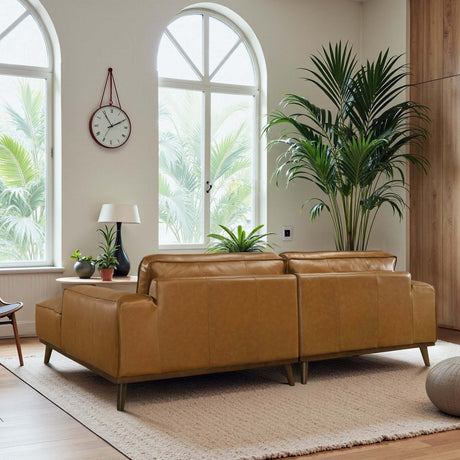 Kerrville Tan Leather Right Sectional Sofa with Mid-Century Modern Design, Genuine Top Grain Leather, Walnut-Finished Wood Legs, 98-Inch Width - sold by Home Elegance USA