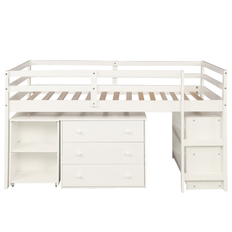 Low Study Twin Loft Bed with Cabinet and Rolling Portable Desk - White (OLD SKU :LP000113AAK) Home Elegance USA