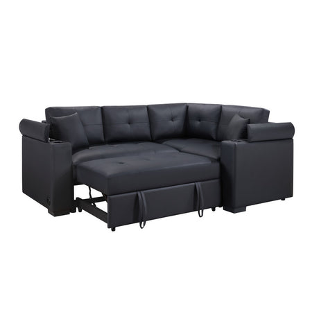 Duilio 84.5'W Black PVC Fabric Sleeper Sectional with USB Charger, Cupholders, Storage Arms - sold by Home Elegance USA