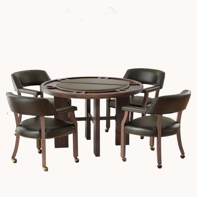 Gorman Dining and Game 5-Piece Set in Walnut Finish with Black Faux Leather Chairs