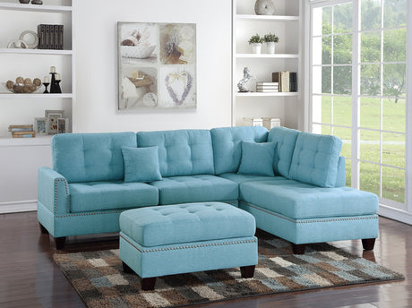 Modern Blue Color 3pcs Sectional Living Room Furniture Reversible Chaise Sofa And Ottoman Tufted Polyfiber Linen Like Fabric Cushion Couch Pillows - sold by Home Elegance USA