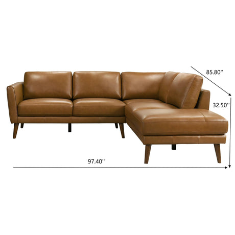 Mid-In Mod Benson Tan Leather Sectional Sofa with Right Facing Chaise - Mid-Century Modern Design - sold by Home Elegance USA