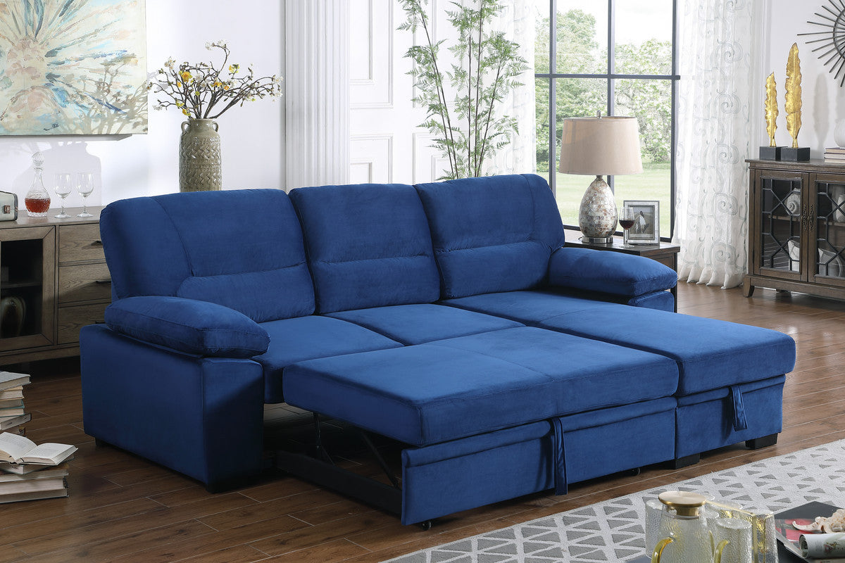 Kipling Blue Velvet Fabric Reversible Sleeper Sectional Sofa Chaise - Home Elegance USA