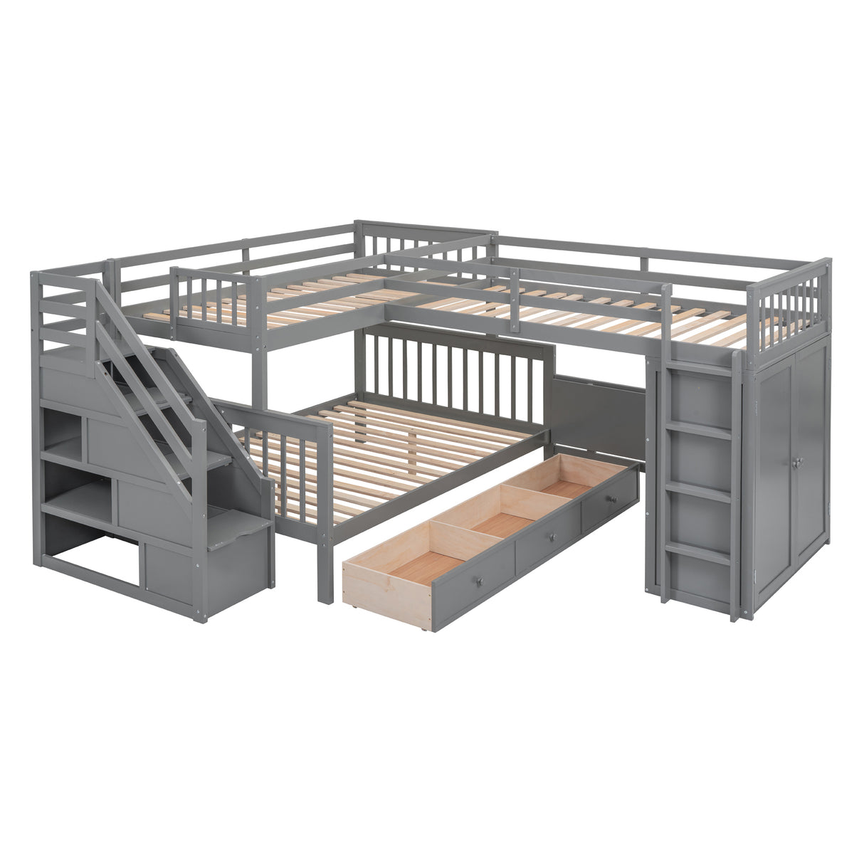 Twin-Twin over Full L-Shaped Bunk Bed With 3 Drawers, Portable Desk and Wardrobe, Gray(OLD SKU:LT100542AAE) - sold by Home Elegance USA
