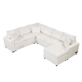 Cream Tweed Chenille Sectional Sofa with Pull-out Bed and Storage Ottoman, 112.2' for Living Room - sold by Home Elegance USA