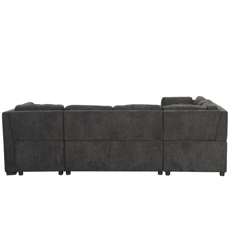 U-shaped Sectional Sofa Pull Out Bed with USB Ports, Power Sockets, Back Pillows & Storage Chaise, Black Chenille, 108.6' - sold by Home Elegance USA