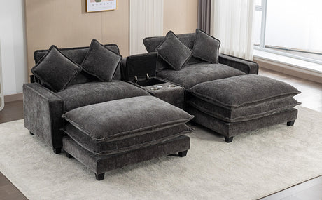 Modern Chenille Upholstered Sectional Sofa with Ottomans, USB Ports, Cup Holders, and Storage in Grey - sold by Home Elegance USA