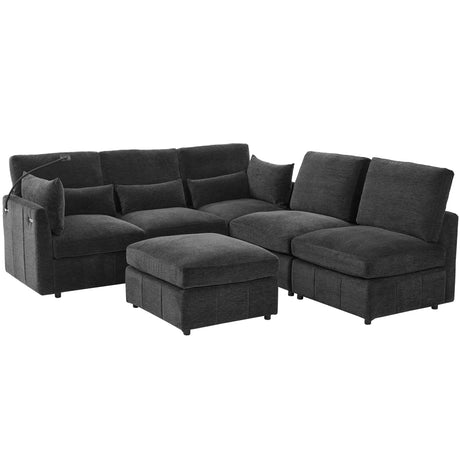 Modern Modular Sofa 85.4' U-shaped Sofa Bed with Movable Ottoman, USB Ports, Phone Holder, Black Chenille - sold by Home Elegance USA