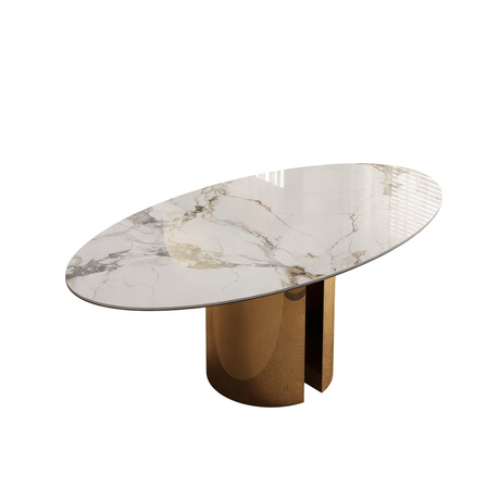 Copper-Colored Stainless Steel Base Oval Sintered Stone Dining Table, Brown+White, 70.9-Inch with 4 Chairs