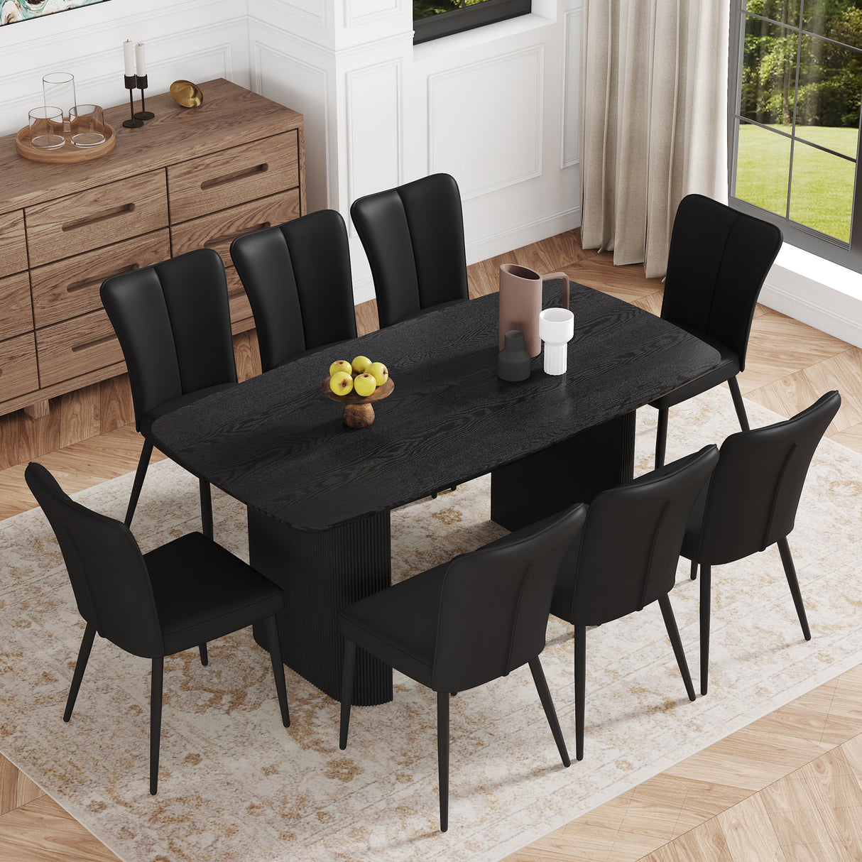Juego de mesa y sillas. Mesa de comedor de MDF con veta de madera negra de 67 x 35,4 pulgadas: una elección sencilla y lujosa. Combina con 8 sillas de PU negras con un diseño de rayas verticales en el respaldo y patas de metal negro.