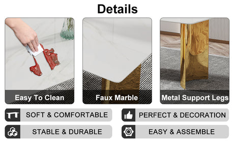 Table and chair set.The table has a glass top with imitation marble pattern stickers and stainless steel golden legs. Paried with 8 White and Dark Gray Spliced Color PU Dining Chairs.W1151S01559 - sold by Home Elegance USA