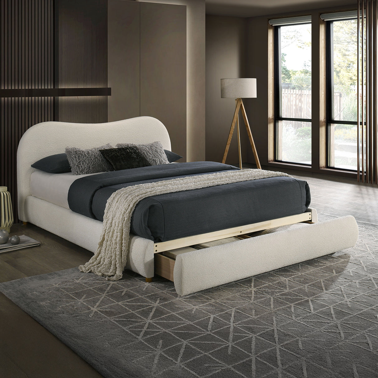 White Color Boucle Upholstered 1pc King Size Bed Curved Design Headboard Storage FB Bedroom Furniture Bedframe