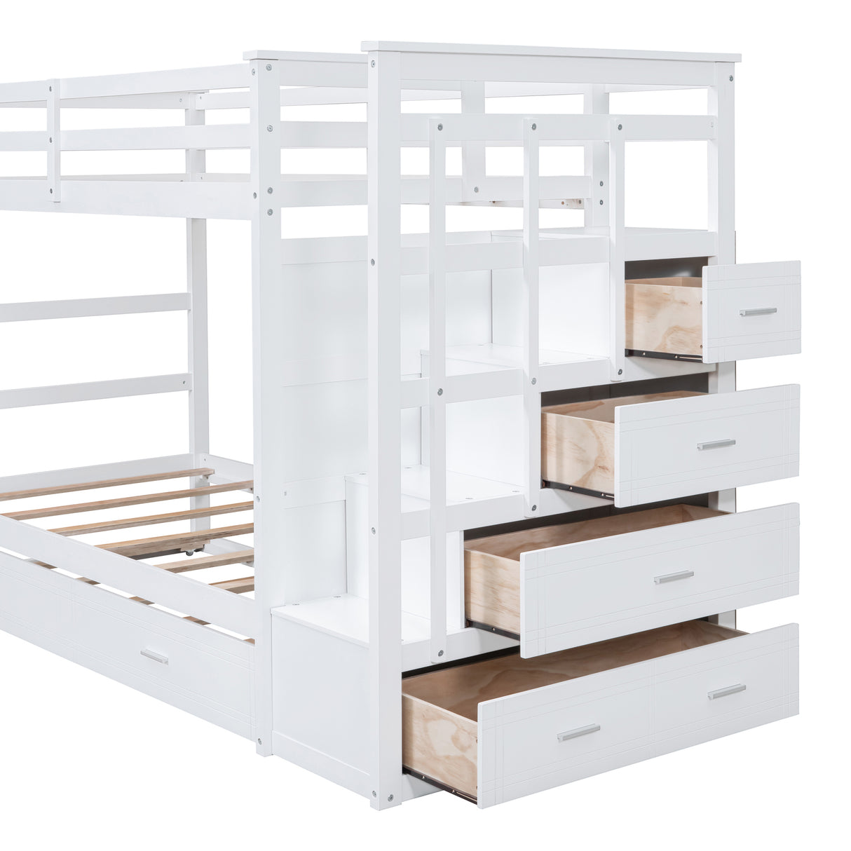 Twin Over Twin Bunk Bed with Trundle and Staircase,White(OLD SKU:LT000068AAK) - Home Elegance USA