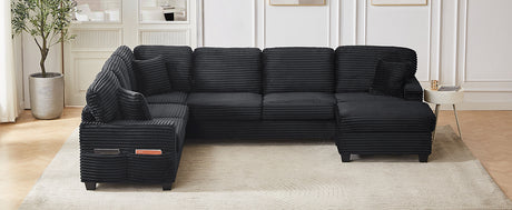 Upholstered U-shaped Sectional Sofa with Movable Ottoman and Side Storage Pockets in Black Corduroy, 125.2 inches - sold by Home Elegance USA