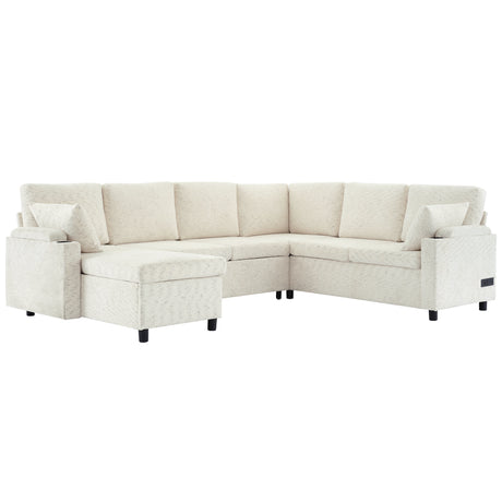 Convertible U-Shaped Sofa Bed with Storage, Cup Holders and Charging Ports, Beige Chenille, 109.9' - sold by Home Elegance USA