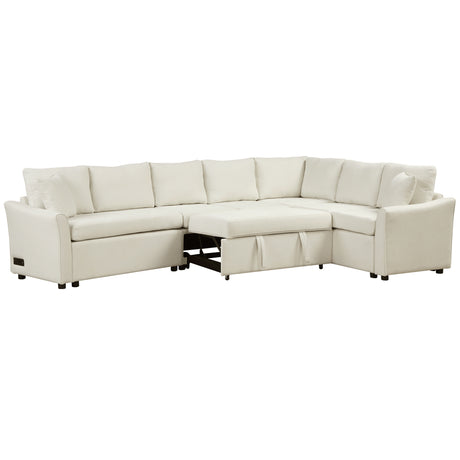 L-shaped Convertible Sofa Bed with USB Ports and Power Sockets, Beige Chenille Fabric, 124.8' Length - sold by Home Elegance USA