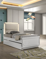 Contemporary Glam Pearl White Full Size Bed Only LED Embossed Panel 1pc Bedframe Trundle Not Included.