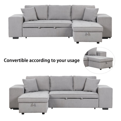 Modern Reversible L-Shape Pull Out Sleeper Sofa with Storage Chaise and Stools, Gray Linen, 104.5' - sold by Home Elegance USA