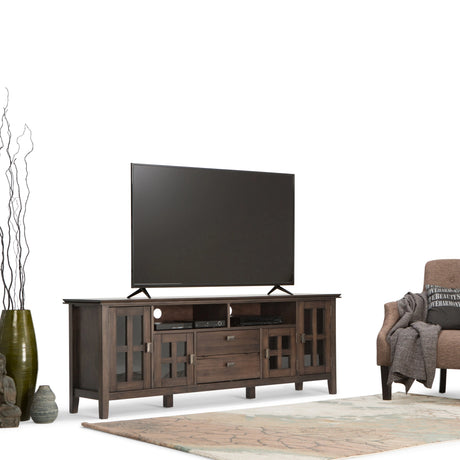Artisan 72 inch Wide Solid Wood TV Stand in Natural Aged Brown For TVs up to 80 inches - sold by Home Elegance USA