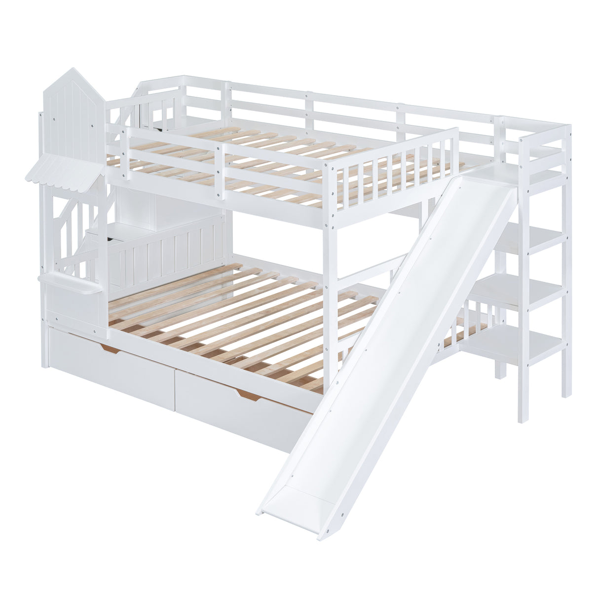 Full-Over-Full Castle Style Bunk Bed with 2 Drawers 3 Shelves and Slide - White - Home Elegance USA