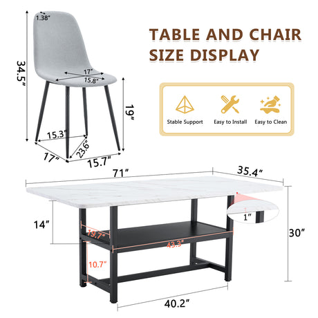 Table and chair set.71*35.4 inch White Grain Spliced Dining Table With Storage Function In The Middle Of The Table Legs.Paired with 8 Light Gray Linen-Cotton Material High Resilience Dining Chairs. - sold by Home Elegance USA