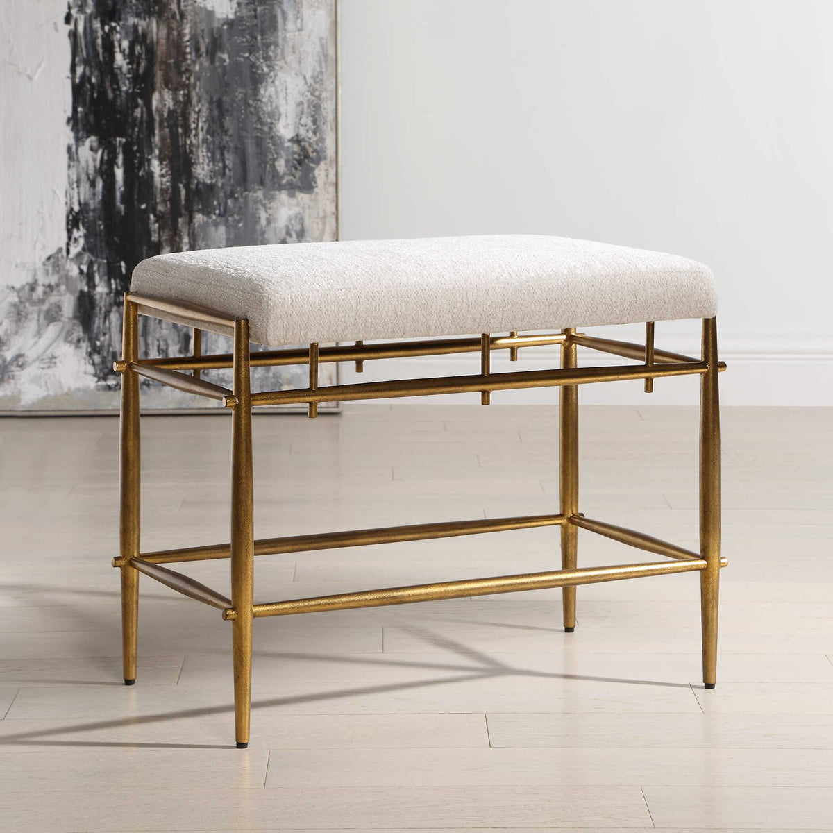 Karleen Plush Small Brass Bench - White / Gold by Uttermost - View 3