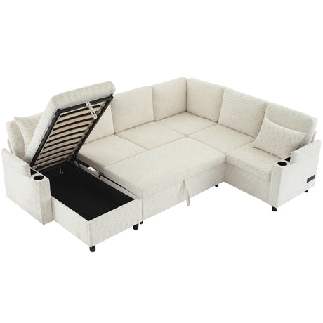 Convertible U-Shaped Sofa Bed with Storage, Cup Holders and Charging Ports, Beige Chenille, 109.9' - sold by Home Elegance USA