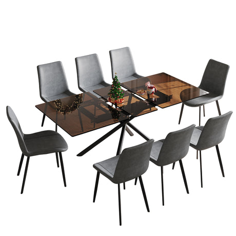 59-inch Expandable Dining Table Set with 8 Gray Ergonomic Chairs, Black Sandblasted Glass Top & X-Base, 4-6 Seater Modern Dining Set for Small Spaces, Kitchen and Apartment - sold by Home Elegance USA