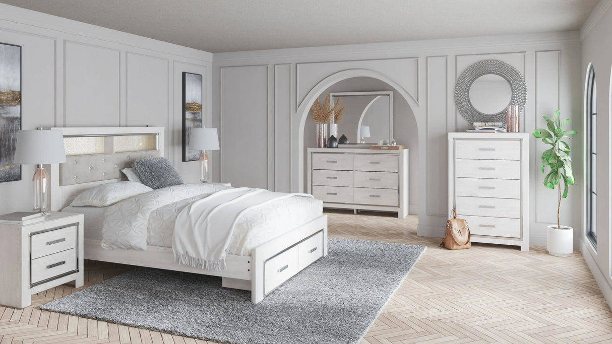 Altyra - White - King Upholstered Bookcase Bed With Storage - 8 Pc. - Dresser, Mirror, King Bed, 2 Nightstands | Ashley