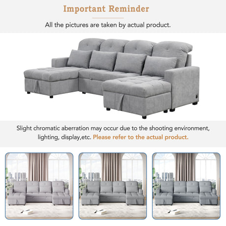 Versatile Oversized U-shaped Sectional Sofa Bed with Storage Chaise Lounges and USB Ports, Gray Chenille, 110.2' - sold by Home Elegance USA