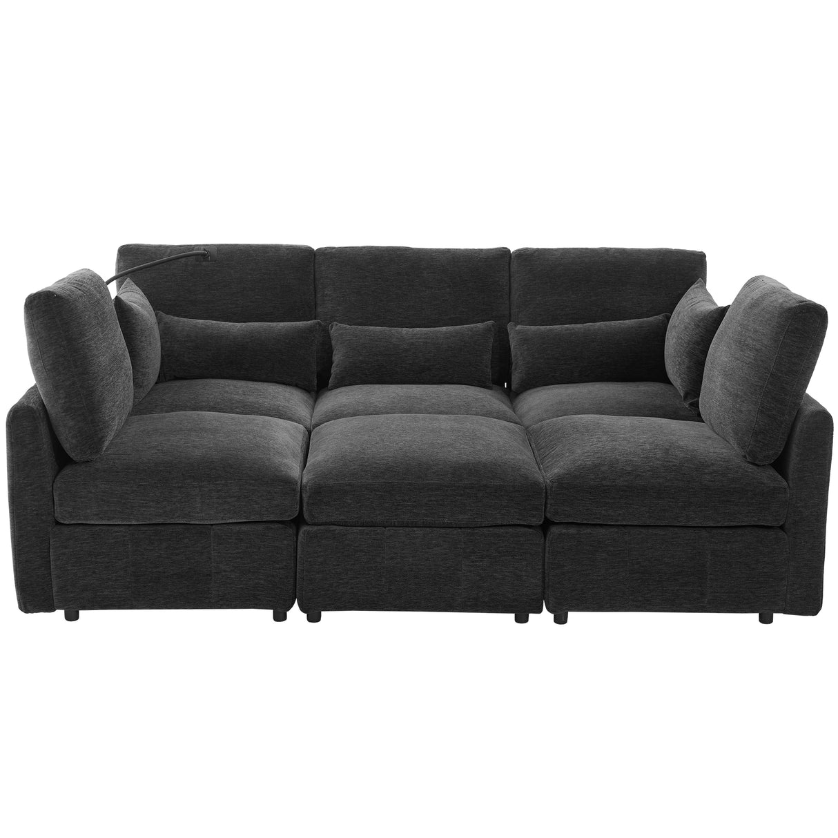 Modern Modular Sofa 85.4' U-shaped Sofa Bed with Movable Ottoman, USB Ports, Phone Holder, Black Chenille