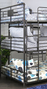 Industrial Style Bunk Bed Full Over Full Over Full Attached Dual Ladder Metal Structure Pipe Framework Upper Guard Rails Antique Black Finish - sold by Home Elegance USA