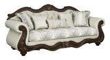 Pierce Beige Fabric & Cherry Finish Sofa w/5 Pillows