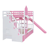Twin-Over-Twin Castle Style Bunk Bed with 2 Drawers 3 Shelves and Slide - Pink - Home Elegance USA
