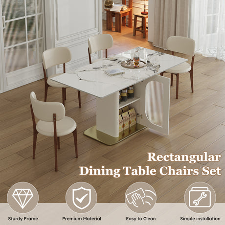 Modern 63' 4-6 Person Dining Table Set with Storage, Burnt Stone Top & Gold Solid Wood Base, Includes 4 White PU Chairs for Kitchen, Apartment - sold by Home Elegance USA
