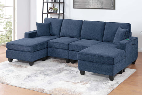 3pc Sectional Set Dark Blue Finish Right Arm And Left Arm Chaise USB Port Armless Loveseat Plastic Legs Matching Two Pillows Primary Living Room - sold by Home Elegance USA