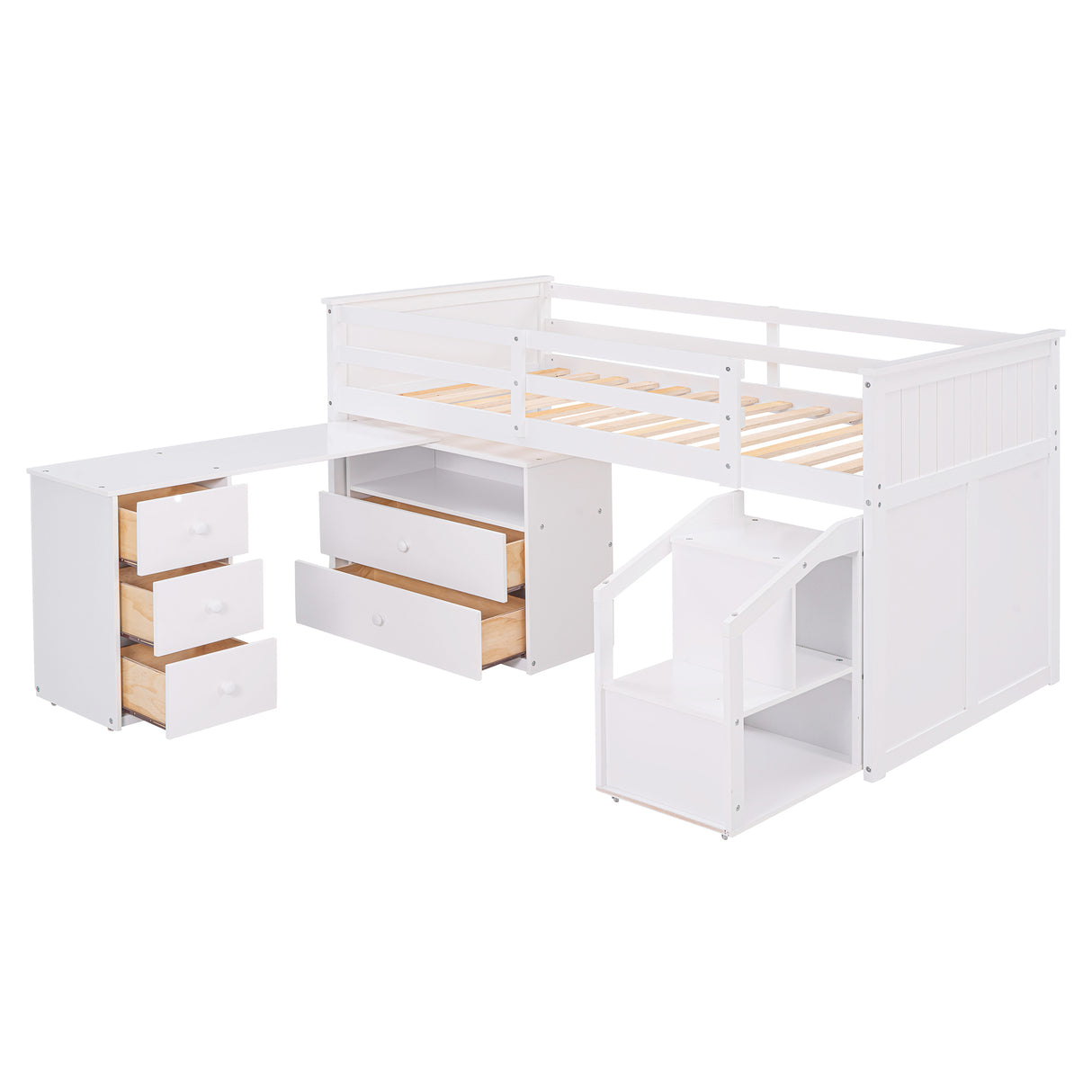 Loft Bed Low Study Twin Size Loft Bed With Storage Steps and Portable,Desk,White(OLD SKU: LT000101AAK) - Home Elegance USA