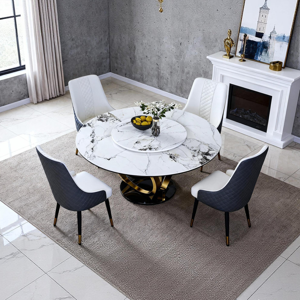 59' Round Dining Table with 360° Rotating Lazy Susan, Heat & Scratch Resistant Sintered Stone Top for Dining Room, Kitchen, Dinette, Compact Space(4 chairs)