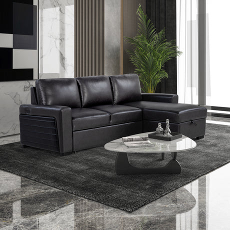 Montero Charcoal-Black Complete Sofabed with Pull-Out Bed, Wood Frame, Semi-Firm Seating, Drop-Down Table, USB and Cup Holders, Storage Chaise - sold by Home Elegance USA