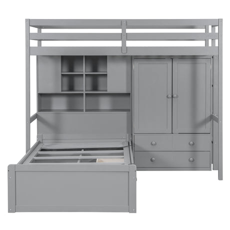Twin Bunk Bed with Drawers, Wardrobe, Storage Shelves and Hydraulic Bed,Gray - sold by Home Elegance USA
