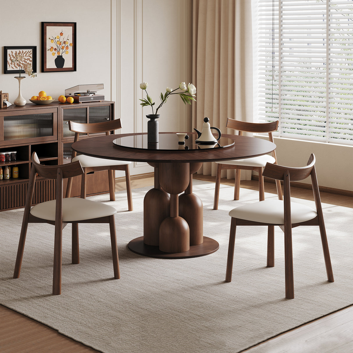 59-inch Wabi-Sabi Oak Round Table Set with 4 Solid Wood Chairs & 35-inch Floating Glass Lazy Susan, Handcrafted Japanese Style Sculptural Dining Set for Living Room & Restaurant