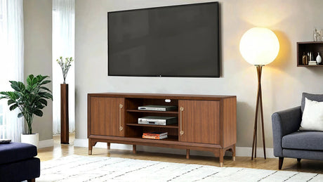 Mid-Century Modern TV Stand Gold Capped Legs Adjustable Shelves Walnut Finish - sold by Home Elegance USA