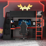 Twin Size Wooden Gaming Loft Bed with Storage Stairs, Desk, Shelves & Pegboard, Black+Red