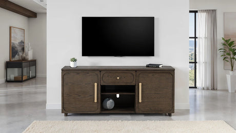 Transitional Style 1pc TV Console Gold Handles And Knob Recessed Panels Dark Walnut Finish - sold by Home Elegance USA