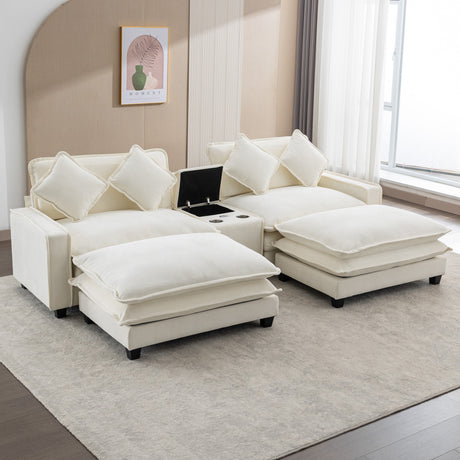 Chenille Upholstered Sectional Sofa with Removable Ottoman, USB Ports, Cup Holders, and Storage, Beige, 111' - sold by Home Elegance USA